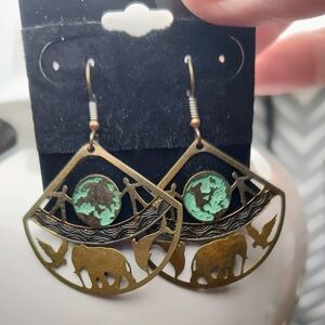 Elephant and Globe Dangle Earrings - Gold and Green